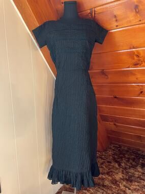 Vintage 60s Black Pintuck Style Midi Dress with Eyelet Lace Linen Blend sz S